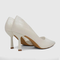 Pair of cream Bulbul Ladies Dress Open Waist Court Shoes with textured uppers and stiletto heels, viewed from the back and