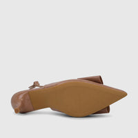 Bulbul Ladies Dress Slingback Court in beige patent leather with a pointed toe, low heel, and bow accent, shown from the