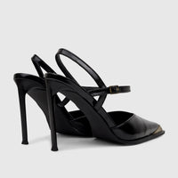 Black patent leather Bulbul Ladies Dress Slingback Court shoes with high stiletto heels and gold-tone toe detail, back-side