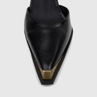 Close-up of a Bulbul Ladies Dress Slingback Court shoe in black leather with a pointed toe and gold cap detail.