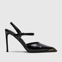 A black high-heeled slingback court shoe with a pointed toe and gold metal cap, featuring a stiletto heel and adjustable