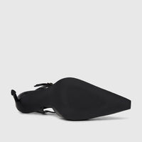 Black Bulbul Ladies Dress Slingback Court shoe with a pointed toe and stiletto heel, showcasing the textured sole.