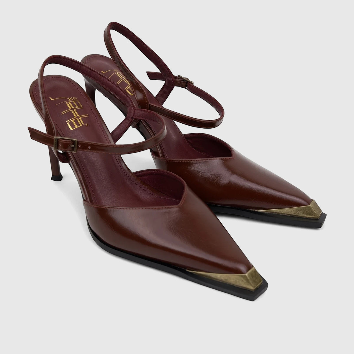 Brown Bulbul Ladies Dress Slingback Court Shoes with pointed toes and gold-toned metal caps, featuring high heels and ankle