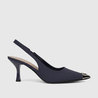 Navy blue slingback court shoe with a pointed toe, kitten heel, and rhinestone embellished silver cap.