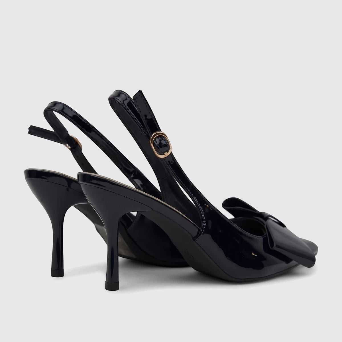 Bulbul Ladies Dress Slingback Court heels in navy blue patent leather, with a pointed toe, bow, slingback strap, and