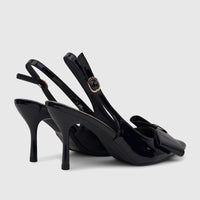Bulbul Ladies Dress Slingback Court heels in navy blue patent leather, with a pointed toe, bow, slingback strap, and