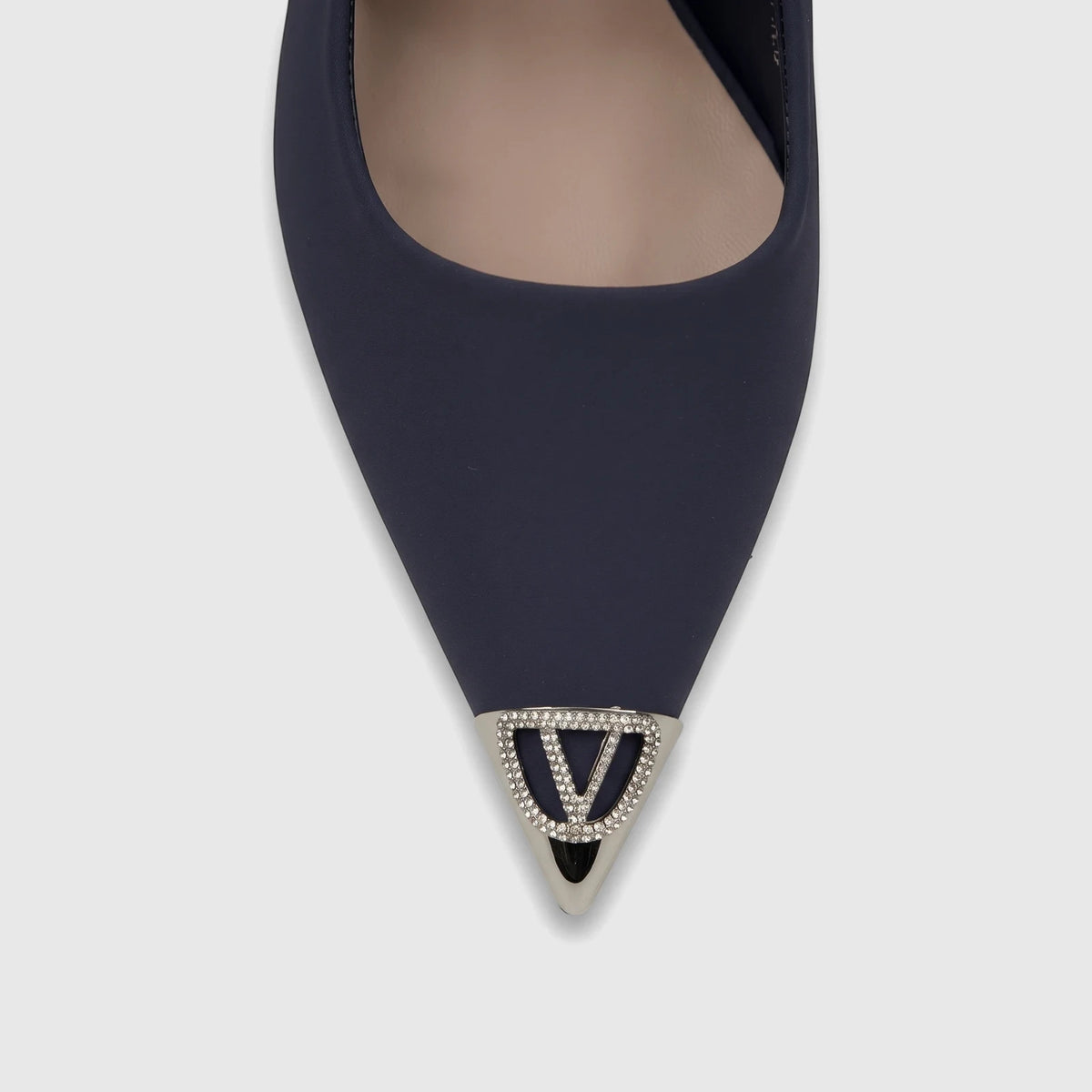 Bulbul Ladies Dress Slingback Court in navy blue, featuring a pointed toe with a silver-toned V-shaped rhinestone ornament.