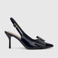 Navy patent leather Bulbul Ladies Dress slingback court shoes, featuring a pointed toe, a decorative bow, and a high