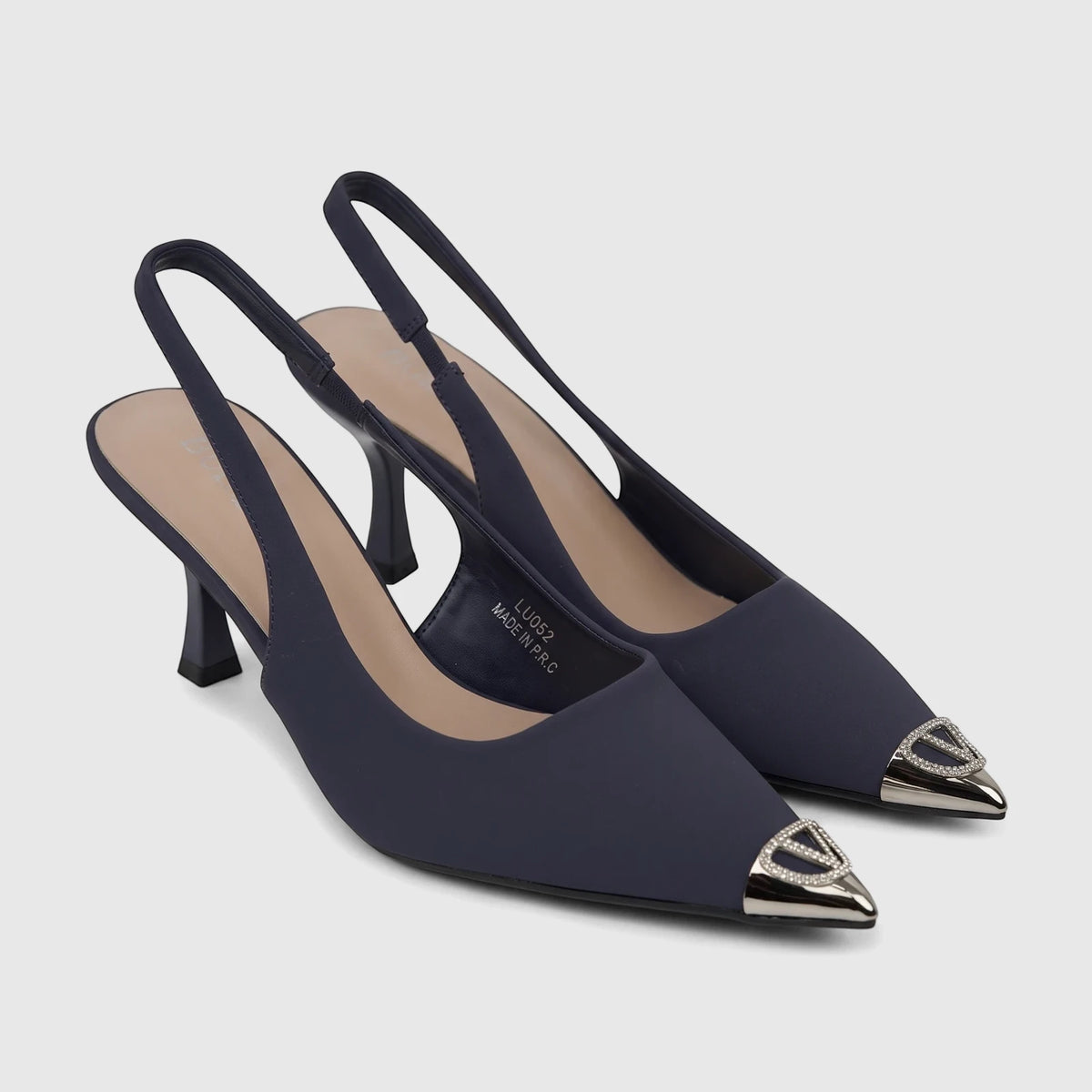 Bulbul Ladies Dress Slingback Court shoes in navy, featuring a pointed toe with sparkling V-shaped silver hardware and