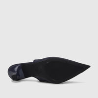 Navy Bulbul ladies' dress slingback court shoes with a pointed toe and low heel, shown from the sole and heel side.