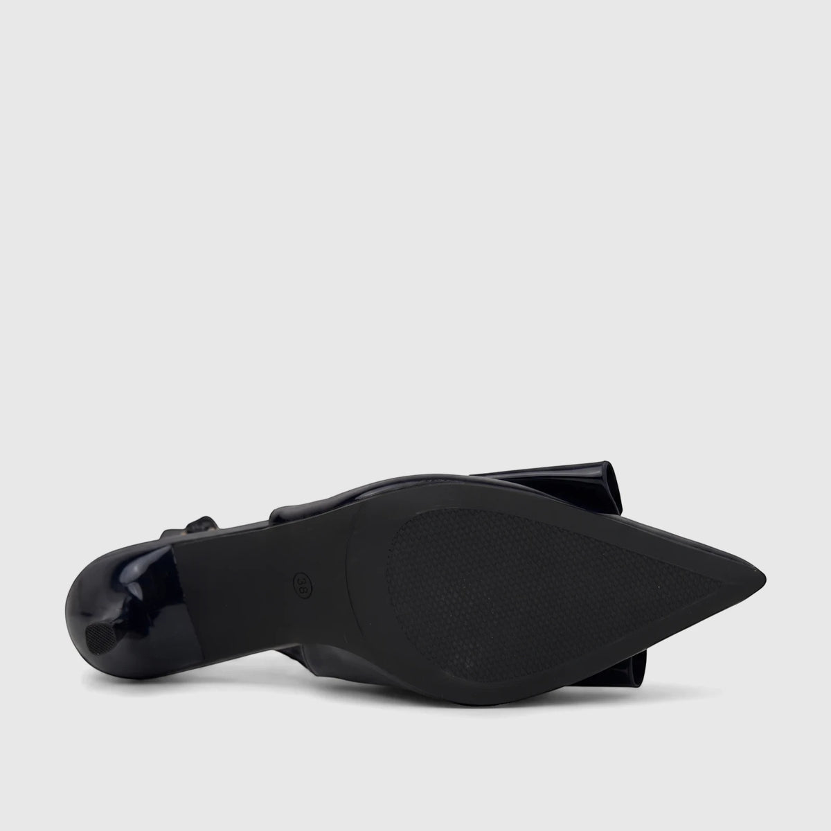 Bulbul Ladies Dress Slingback Court shoe in navy patent leather, showing the black sole with size 38 visible and low heel.