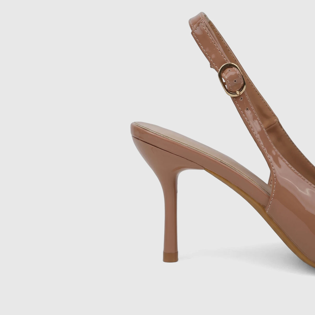Bulbul Ladies Dress Slingback Court shoe in glossy nude beige patent finish, featuring a high heel and elegant gold buckle