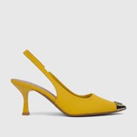 A single yellow Bulbul ladies dress slingback court shoe with a pointed toe and decorative metal cap, viewed from the side.
