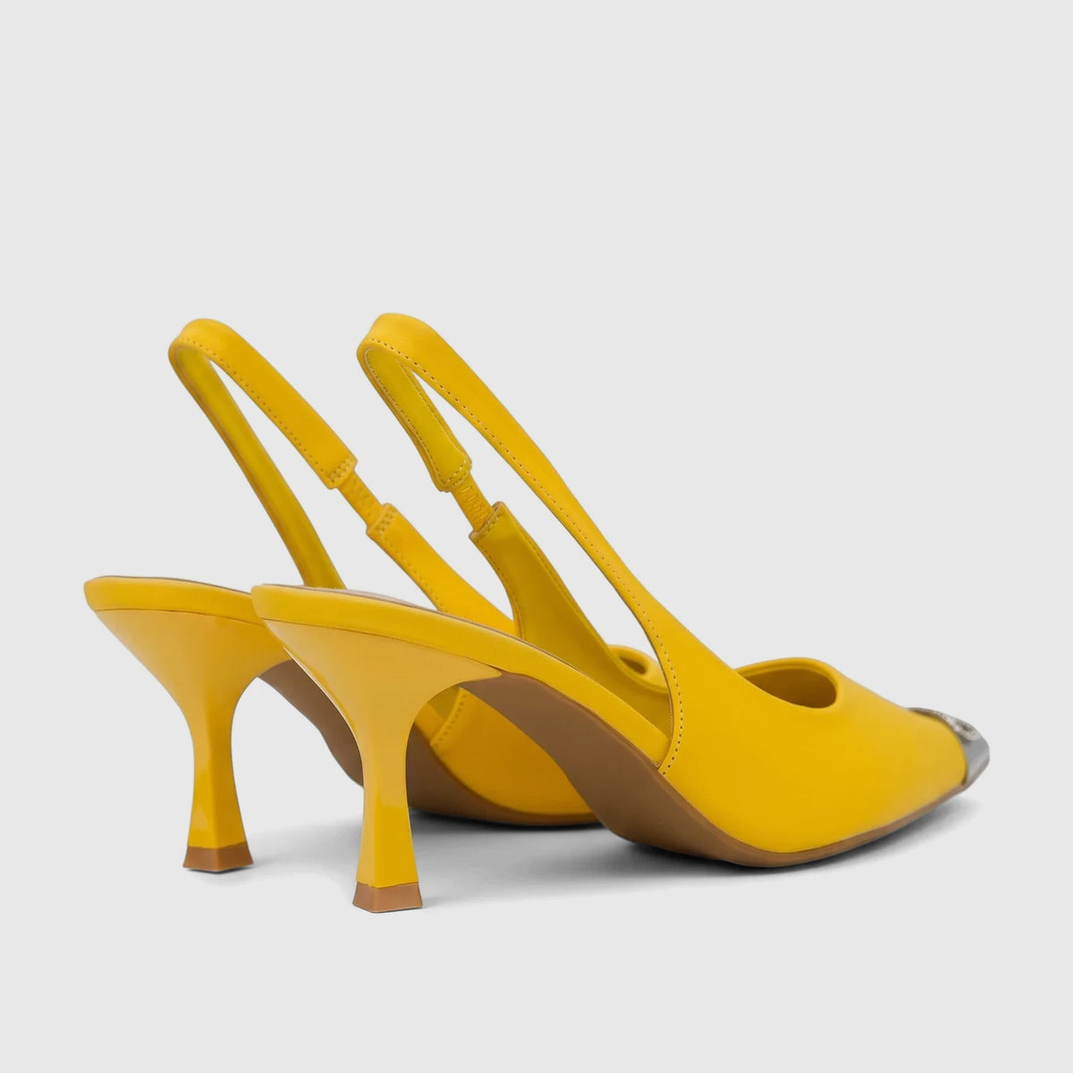 Bulbul Ladies Dress Slingback Court Yellow LU052 heels, detailed view showing the pointed toe with metal cap and kitten heel.