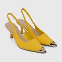 Yellow Bulbul Ladies Dress Slingback Court heels with pointed toes, medium heels, and silver metallic 'V' accents.