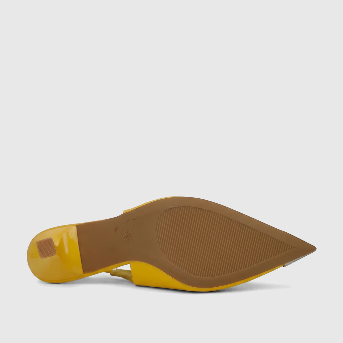 Bulbul Ladies Dress Slingback Court Yellow LU052 shoe, showcasing the yellow patent finish, pointed toe, and brown ribbed