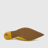 Bulbul Ladies Dress Slingback Court Yellow LU052 shoe, showcasing the yellow patent finish, pointed toe, and brown ribbed