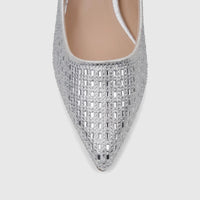 Close-up of a ladies' silver evening block heel court shoe, detailed with sparkling rhinestones across the pointed toe.