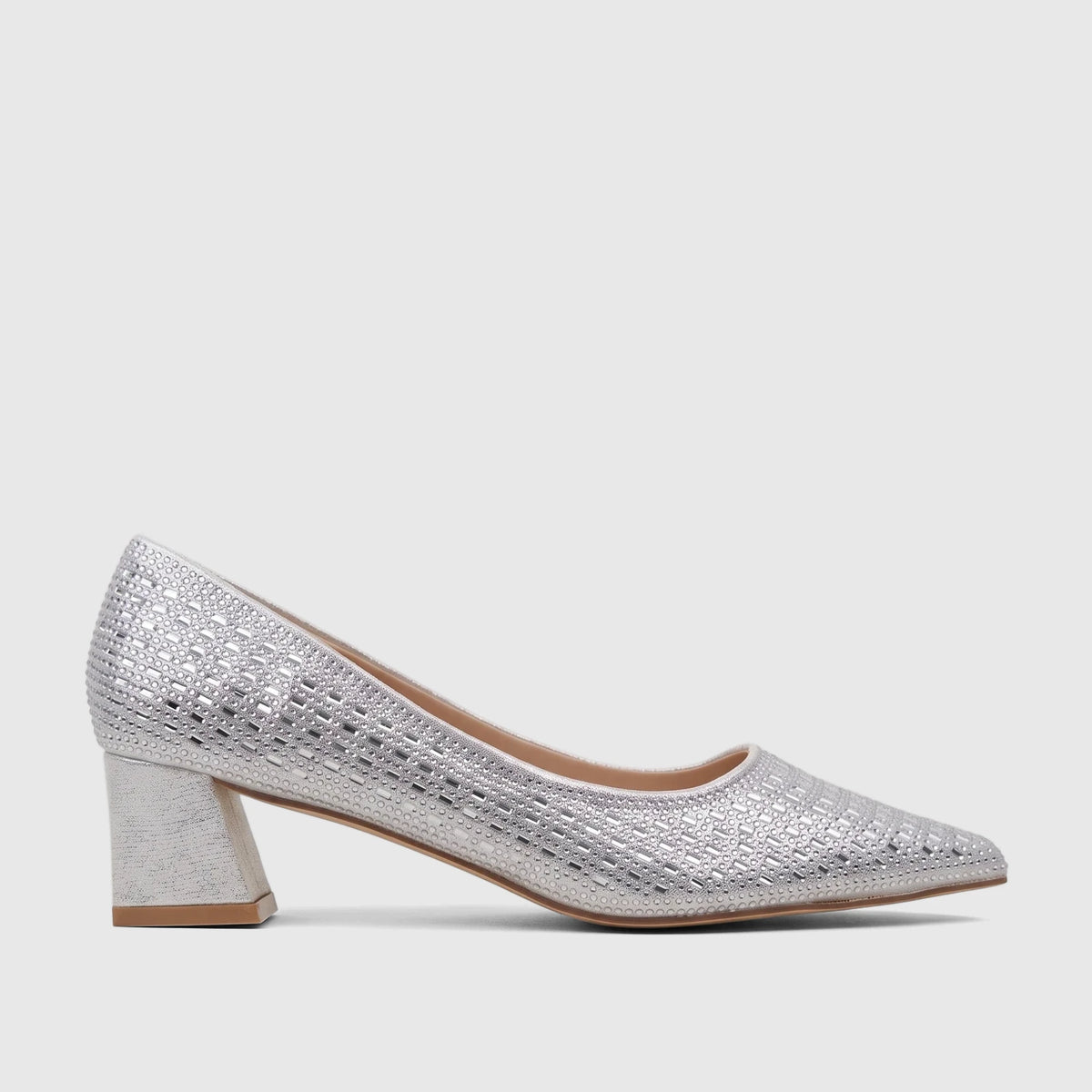 Bulbul Ladies Evening Block Heel Court Shoe in silver, featuring a pointed toe and embellished upper, side view.