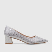Bulbul Ladies Evening Block Heel Court Shoe in silver, featuring a pointed toe and embellished upper, side view.