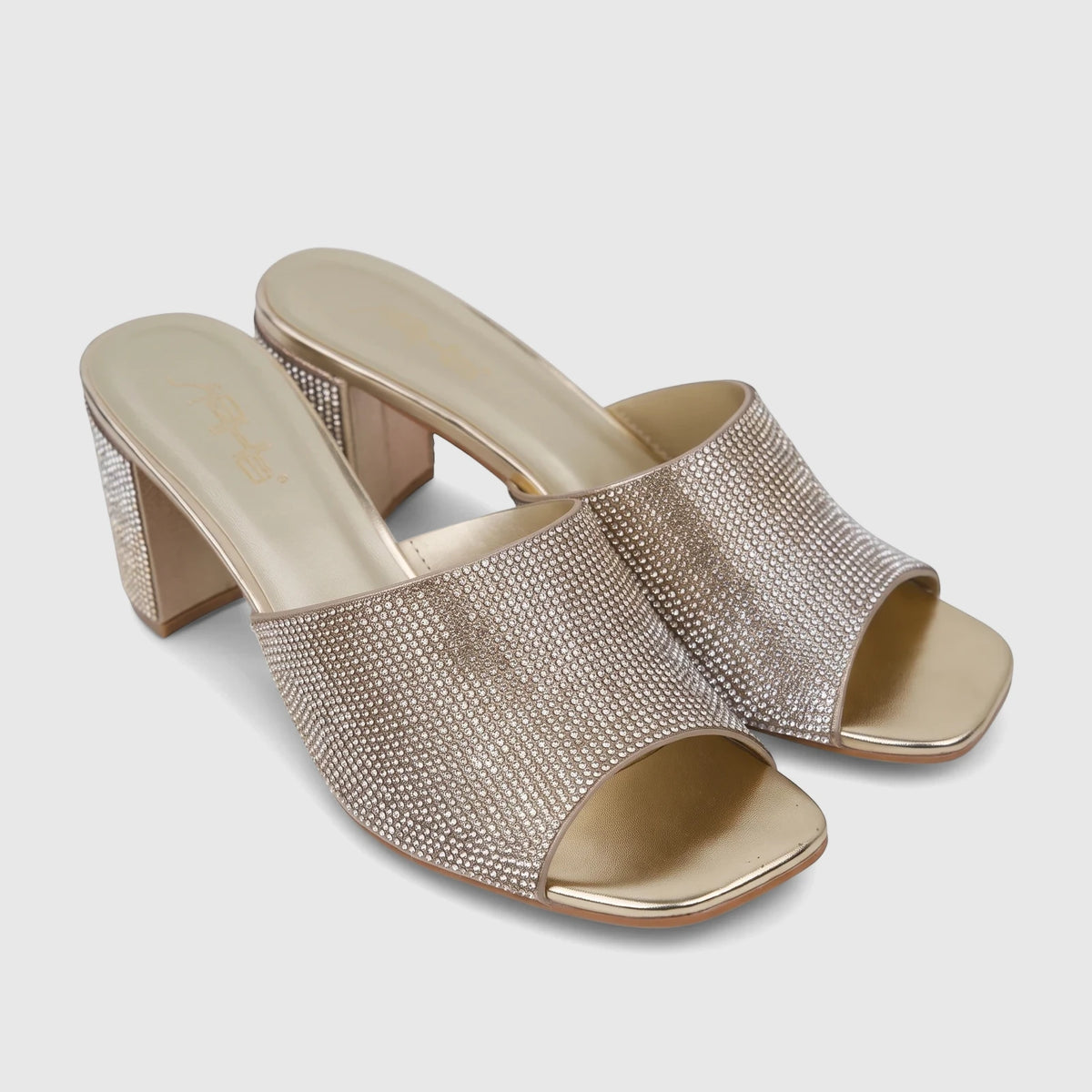 Bulbul Ladies Evening Block Heel Mule Gold HAR108 shoes, featuring a square toe and shimmering rhinestone embellishments.