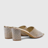 Pair of Bulbul Ladies Evening Block Heel Mule Gold HAR108, featuring rhinestone-embellished straps and heels.