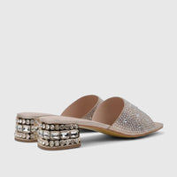 A pair of gold Bulbul Ladies Evening Block Heel Mules featuring rhinestone-embellished uppers and clear gem-decorated block