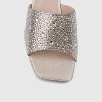 Bulbul Ladies Evening Block Heel Mule Gold HAR109 with rhinestone-embellished strap and square toe.