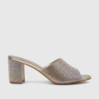 Bulbul Ladies Evening Block Heel Mule in gold with rhinestone embellishments and a block heel, shown in a side view.