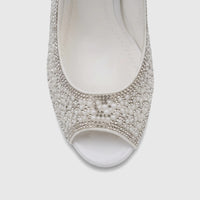 Close-up of a white Bulbul Ladies Evening Block Heel Peep Toe Sandal, embellished with pearls and rhinestones.