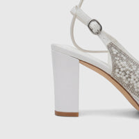 White Bulbul Ladies Evening Block Heel Peep Toe Sandal, embellished with pearls and rhinestones, shown from a side angle.