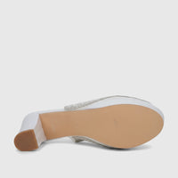 White Bulbul Ladies Evening Block Heel Peep Toe Sandal showing the textured tan sole and white block heel, adorned with