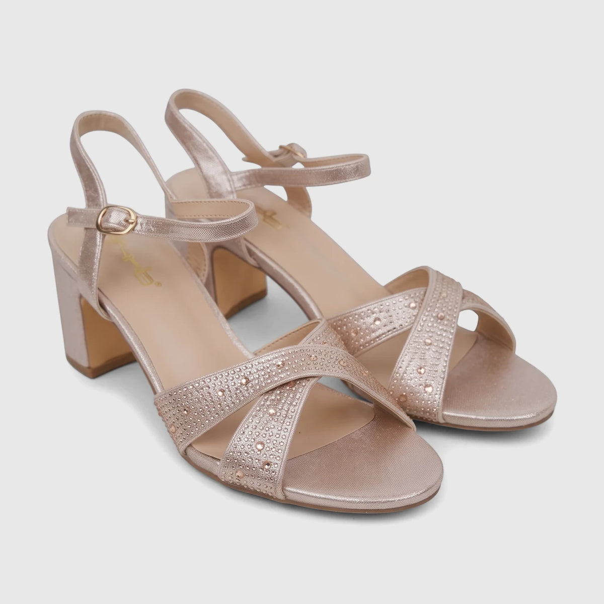 Bulbul Ladies Evening Block Heel Sandals in champagne rose gold with rhinestone-embellished criss-cross straps and block