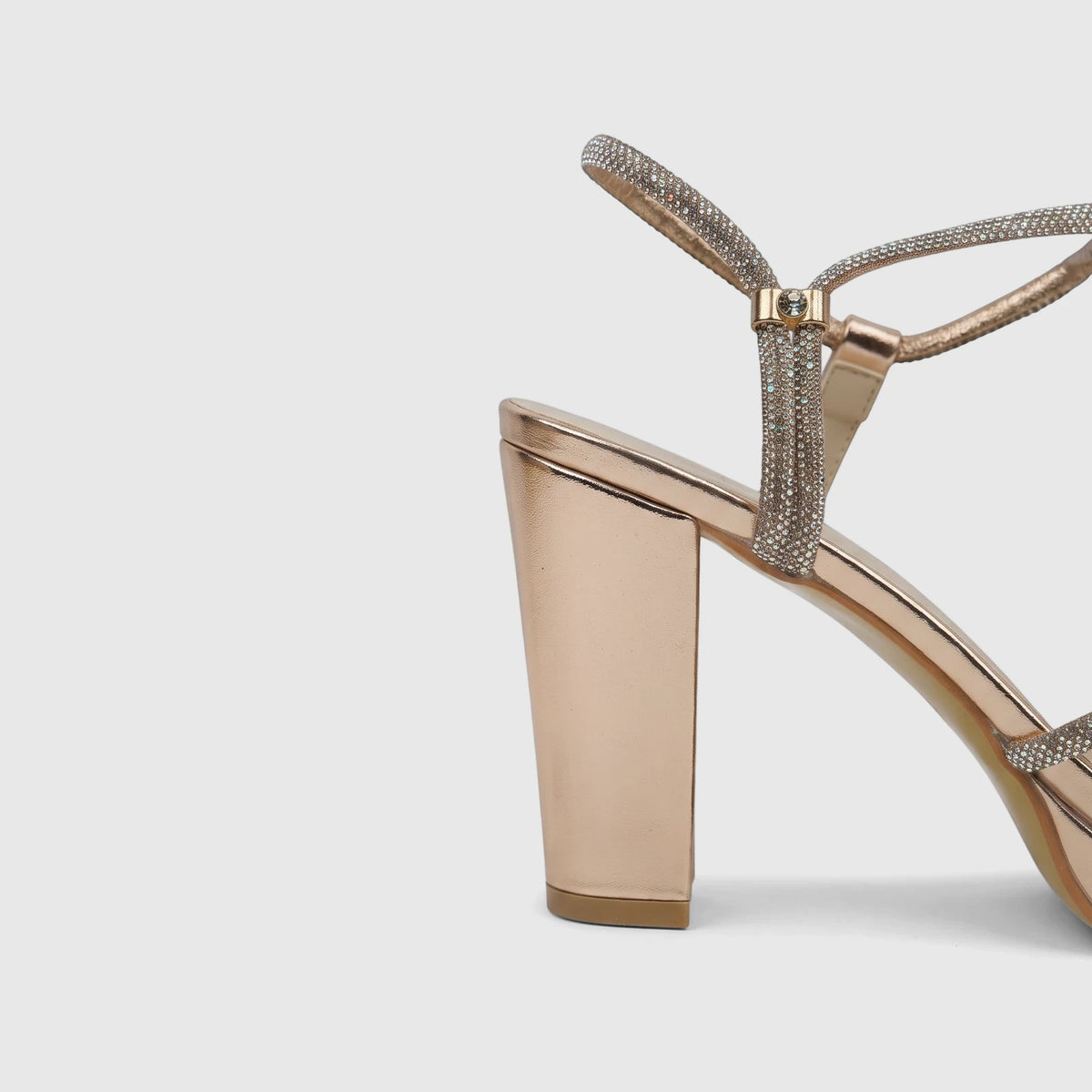 Bulbul Ladies Evening Block Heel Sandal in champagne gold with sparkling rhinestone-encrusted straps and chunky heel.