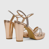 Champagne Bulbul Ladies Evening Block Heel Sandals with sparkling rhinestone straps and a platform sole, rear-side view.