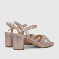 A pair of elegant Bulbul Ladies Evening Block Heel Sandals in a champagne metallic finish with rhinestone-embellished straps.
