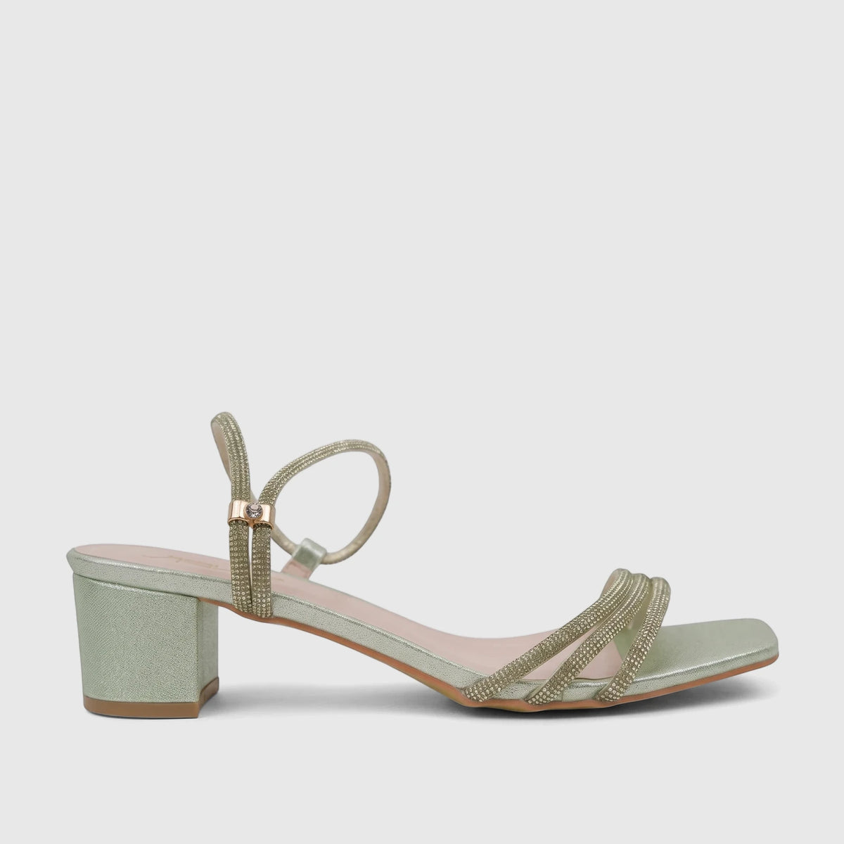 Bulbul ladies evening block heel sandal in green, featuring glitter-embellished straps, a square toe, and a comfortable
