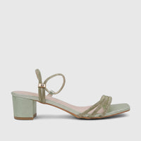 Bulbul ladies evening block heel sandal in green, featuring glitter-embellished straps, a square toe, and a comfortable