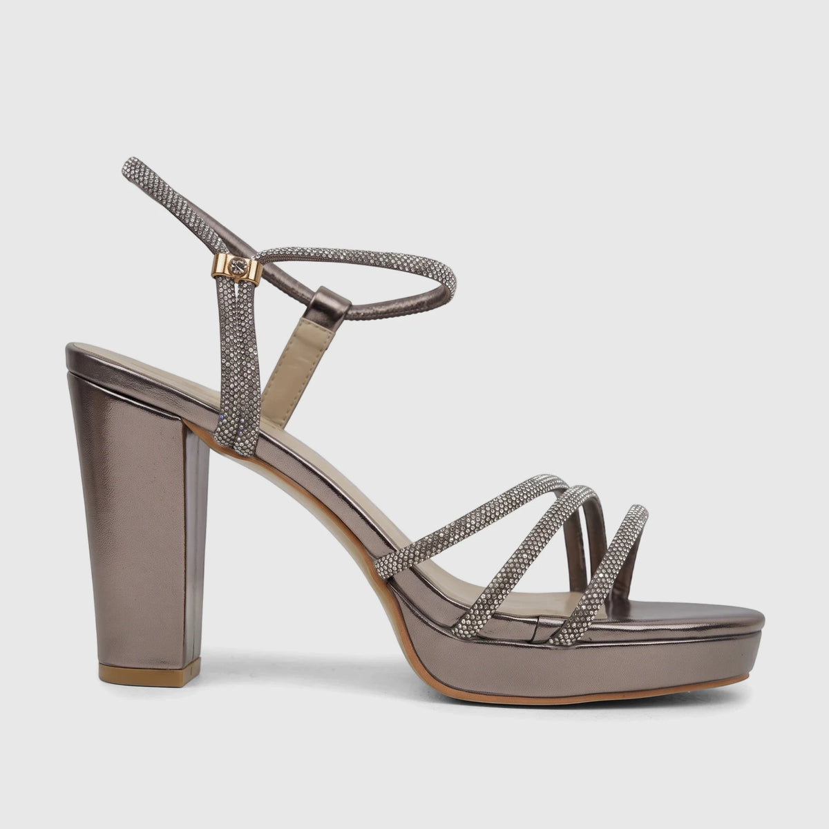 Bulbul Ladies Evening Block Heel Sandal Gun HAR104 with rhinestone-studded straps and a metallic gunmetal finish, side view.