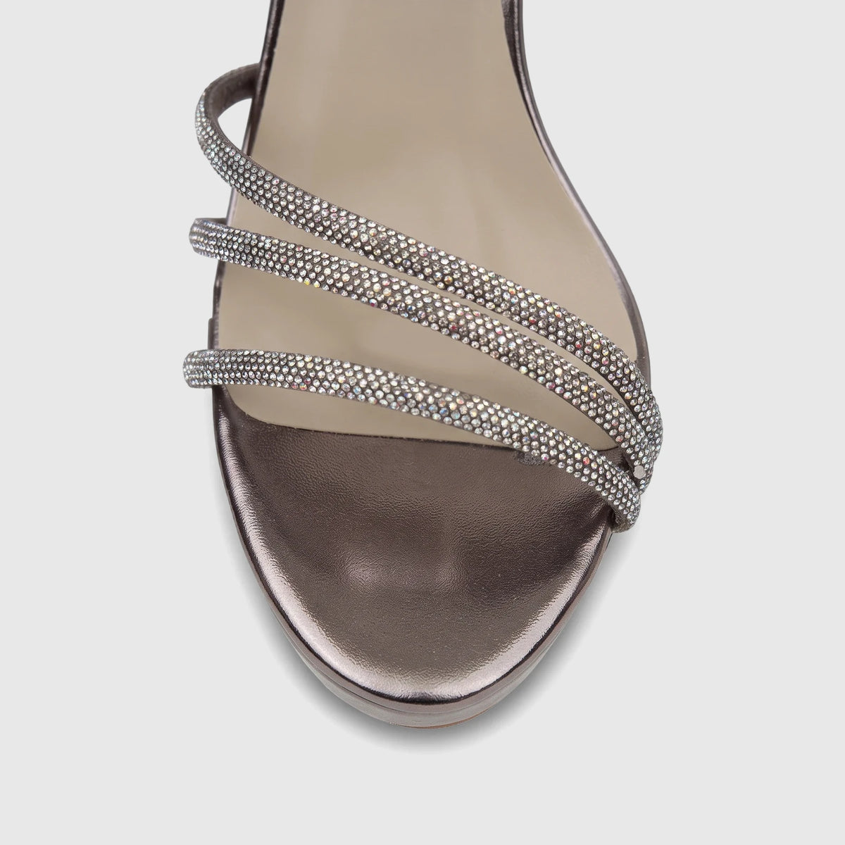 Close-up of a Bulbul Ladies Evening Block Heel Sandal in metallic gunmetal with three rhinestone-embellished straps.