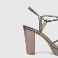 Bulbul Ladies Evening Block Heel Sandal in gunmetal, featuring sparkling rhinestone straps and a sturdy platform sole, shown