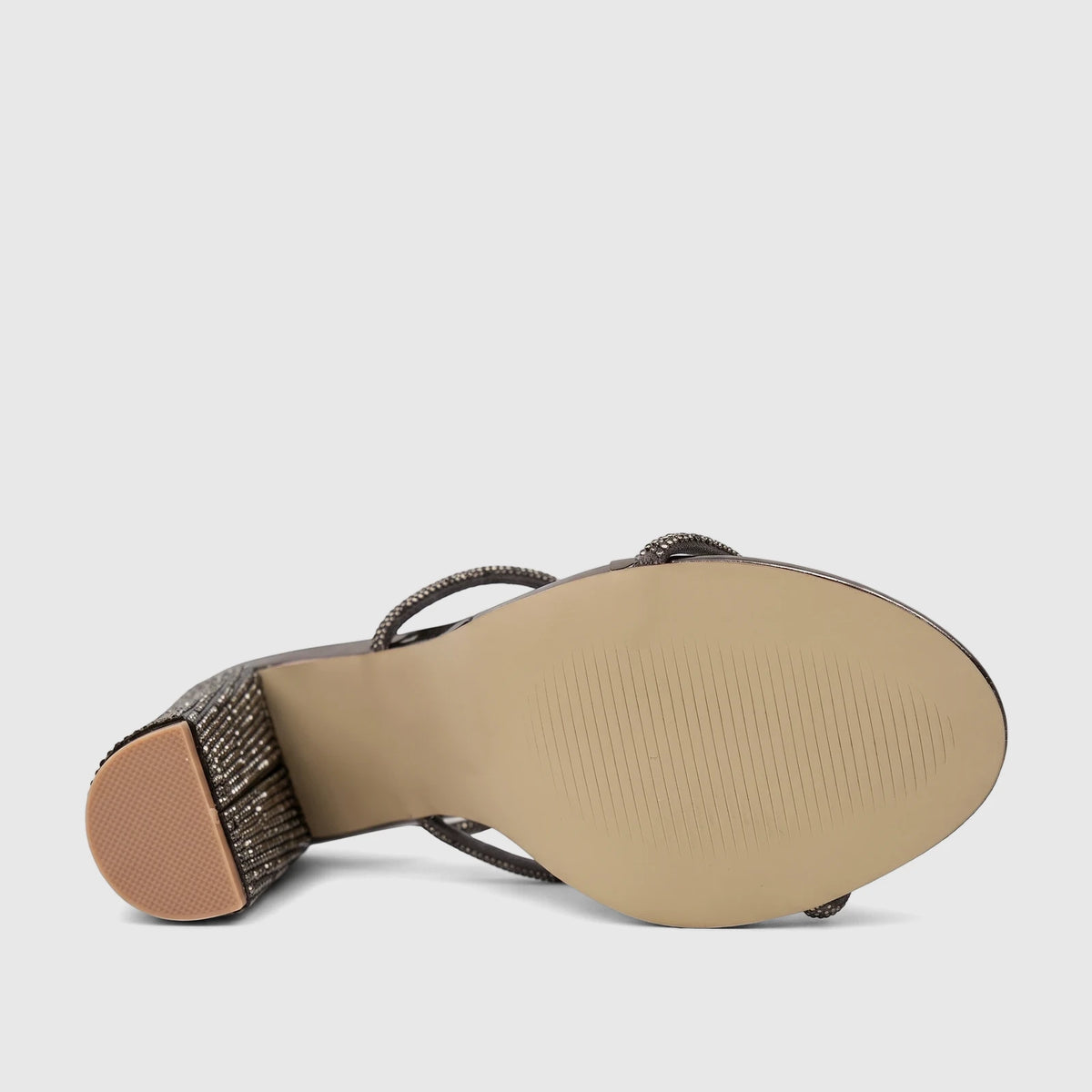 Bulbul Ladies Evening Block Heel Sandal in gunmetal with rhinestone embellishments on the block heel and straps, showcasing