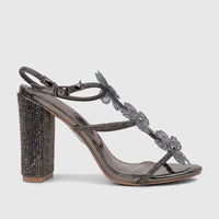A single gunmetal grey Bulbul Ladies Evening Block Heel Sandal, embellished with rhinestones on the heel and straps.