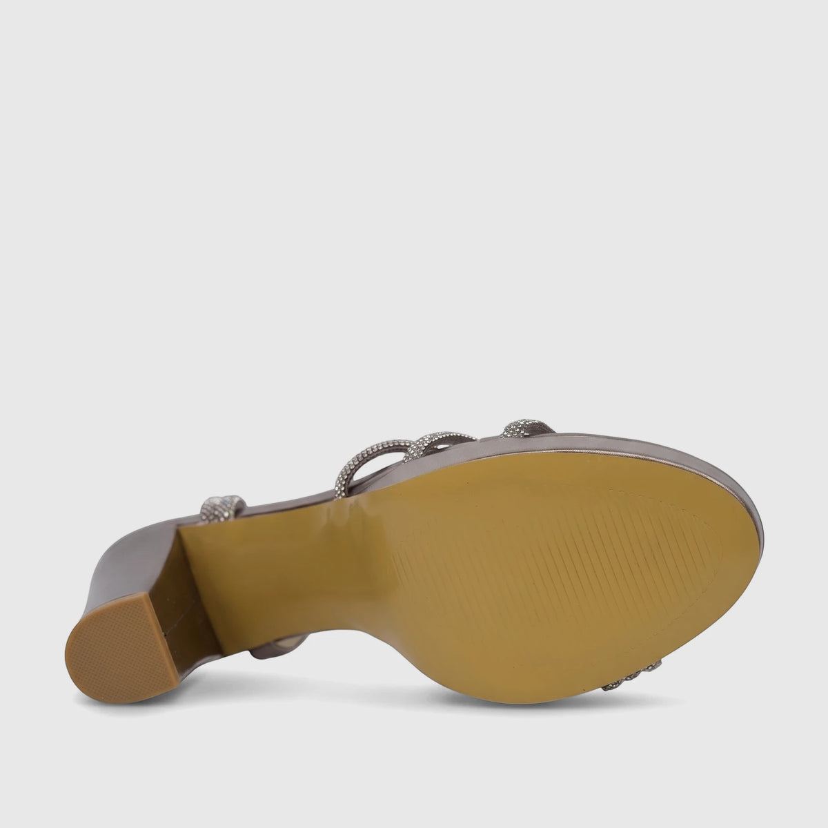 Bulbul Ladies Evening Block Heel Sandal in gunmetal, featuring rhinestone straps and a block heel, viewed from the sole.