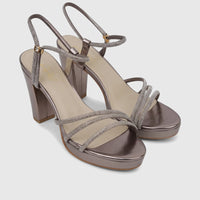Bulbul Ladies Evening Block Heel Sandals in metallic gunmetal with sparkling rhinestone straps, displayed on a neutral