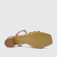 Bulbul Ladies Evening Block Heel Sandal in pink HAR110, shown from a bottom-side view, featuring glitter straps and a tan