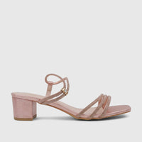 Bulbul Ladies Evening Block Heel Sandal in pink, featuring glittering material and multiple rhinestone-embellished straps,