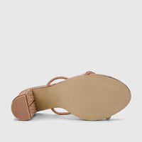 Rose gold Bulbul Ladies Evening Block Heel Sandal with rhinestone details, displaying the sole and heel from a low angle.