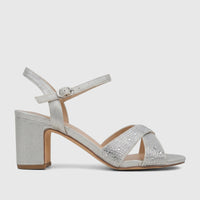Silver glitter block heel sandal for women, featuring rhinestone embellishments and an ankle strap, shown in a side view.