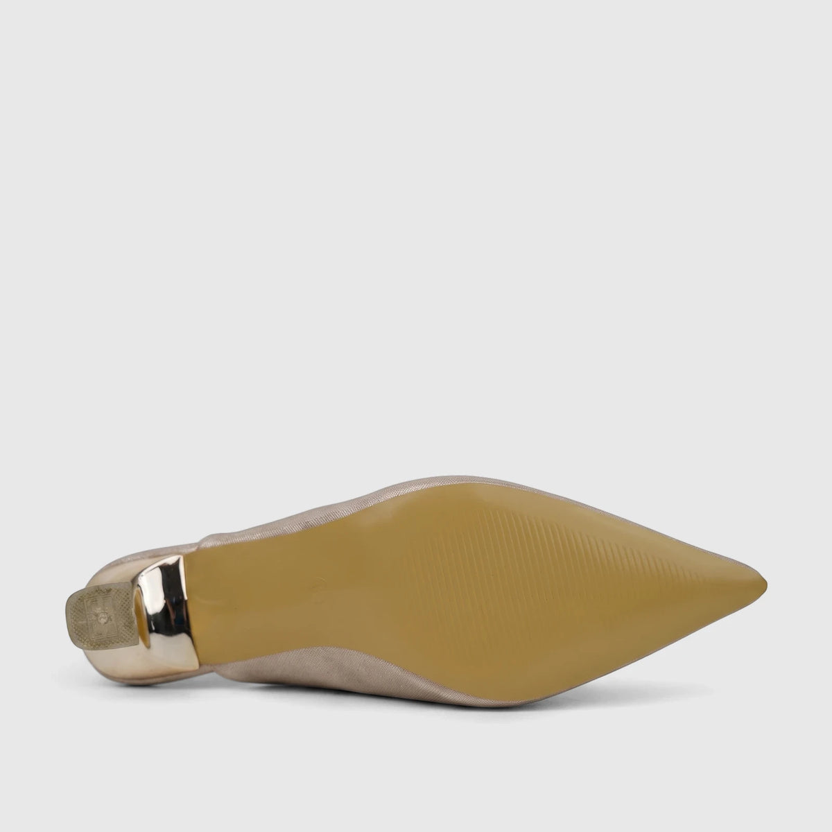 Bottom view of a glittery gold Bulbul Ladies Evening Open Back Court shoe with a pointed toe and a metallic block heel.